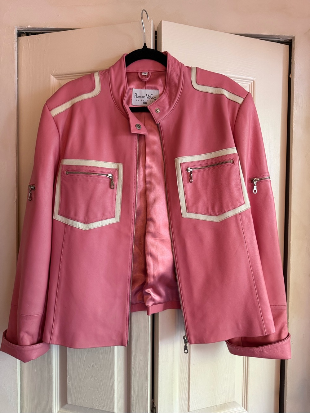 Pamela McCoy Pink Leather Jacket with Cream Trim Accents
